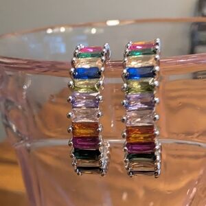 Silver Chanel Set Baguette Crystal Rainbow Hoop Earrings Pierced